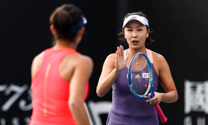 Peng Shuai (R) and Zhang Shuai of China during their Women's Doubles first round match against Veronika Kudermetova of Russia and Alison Riske of the United States on day four of the 2020 Australian Open at Melbourne Park in Melbourne, Australia, on Jan. 23, 2020.
(Clive Brunskill/Getty Images)