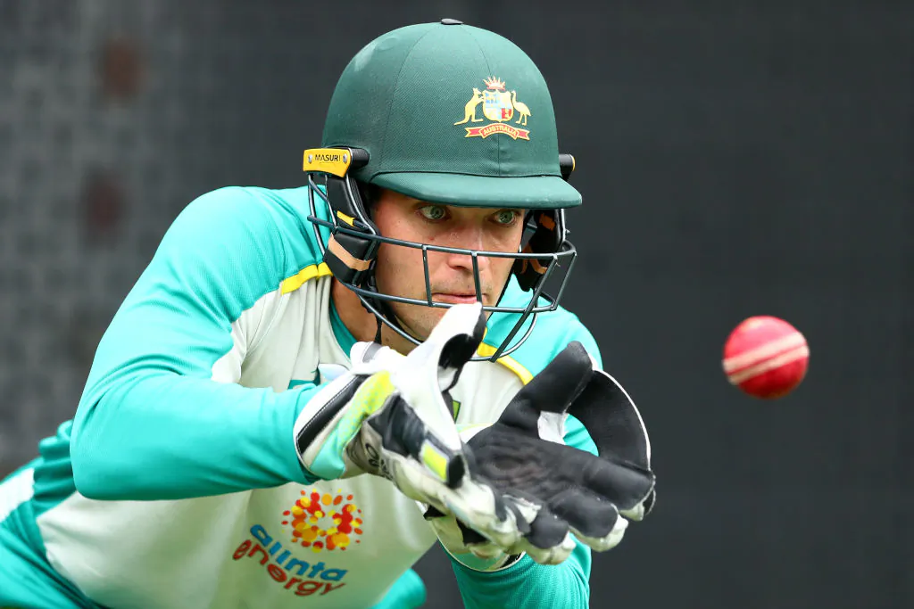 Alex Carey during an Australia Ashes squad practice session on Dec. 6, 2021, at The Gabba in Brisbane, Australia. (Chris Hyde/Getty Images)