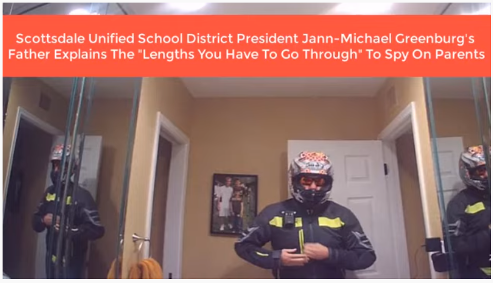 Screenshot of Mark Greenburg, father of Scottsdale Unified School District School Board President Jann-Michael Greenburg, disguising himself before going to take photos of parents at a rally on school property.