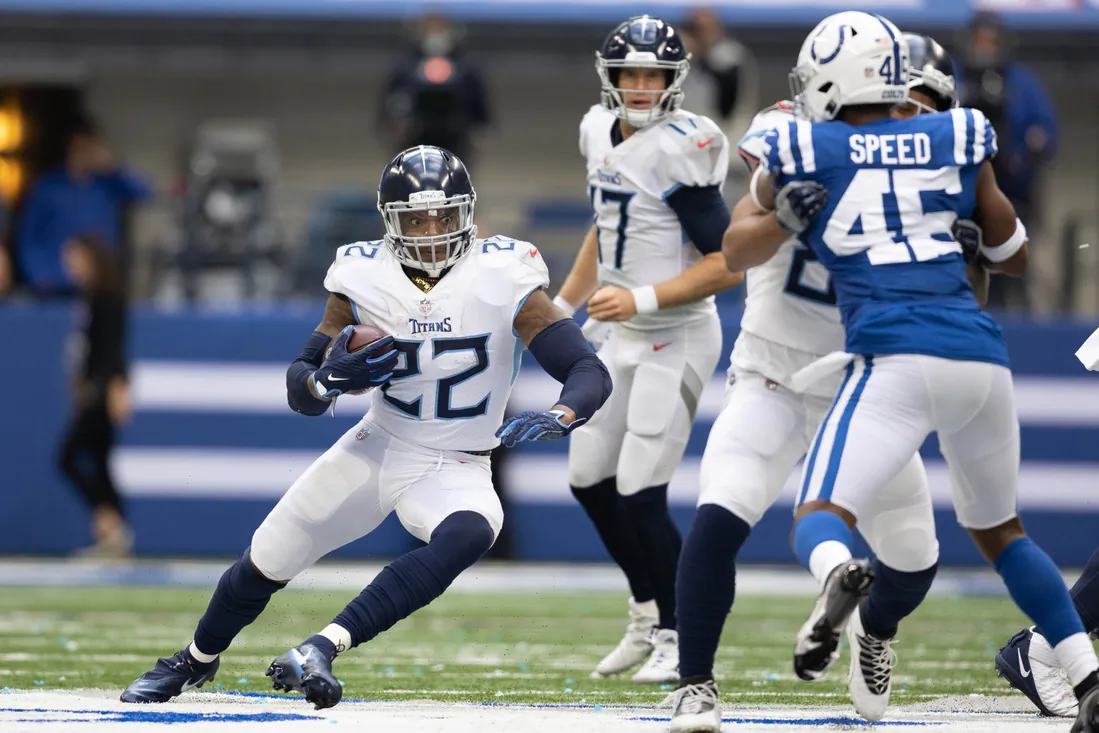 Tennessee Titans running back Derrick Henry (22) runs the ball in the second half against the Indianapolis Colts at Lucas Oil Stadium in Indianapolis, Ind., on Oct 31, 2021. (Trevor Ruszkowski-USA TODAY Sports via Field Level Media)