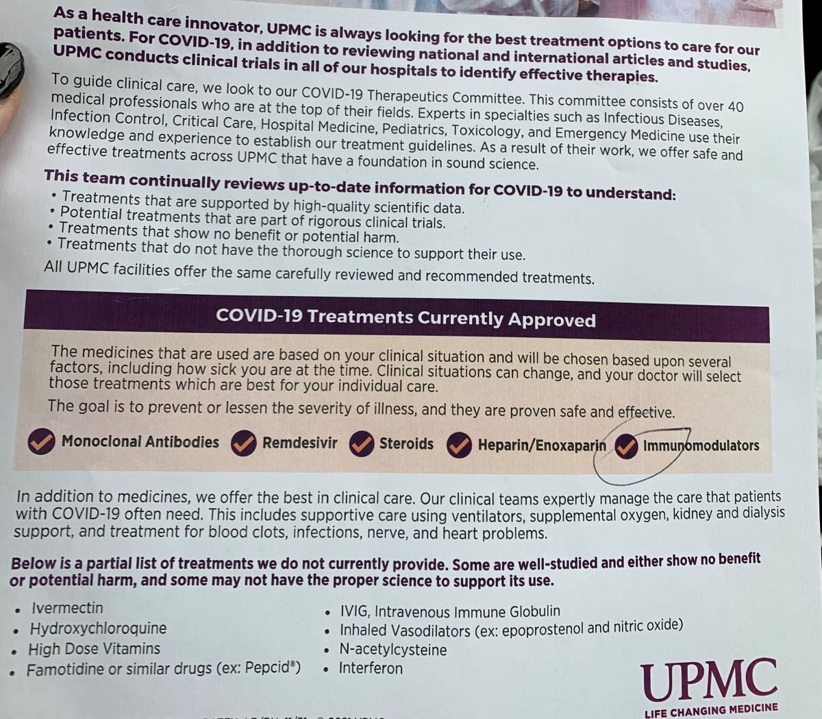 UPMC approved COVID treatment
