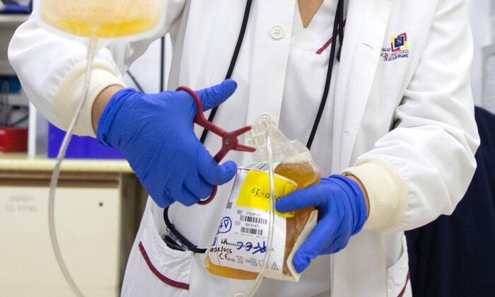 A laboratory technician prepares to process a bag of blood plasma as part of a research project on plasma from recovered patients for the treatment of COVID-19 patients, on Oct. 5, 2020. (Jaime Reina/AFP via Getty Images)