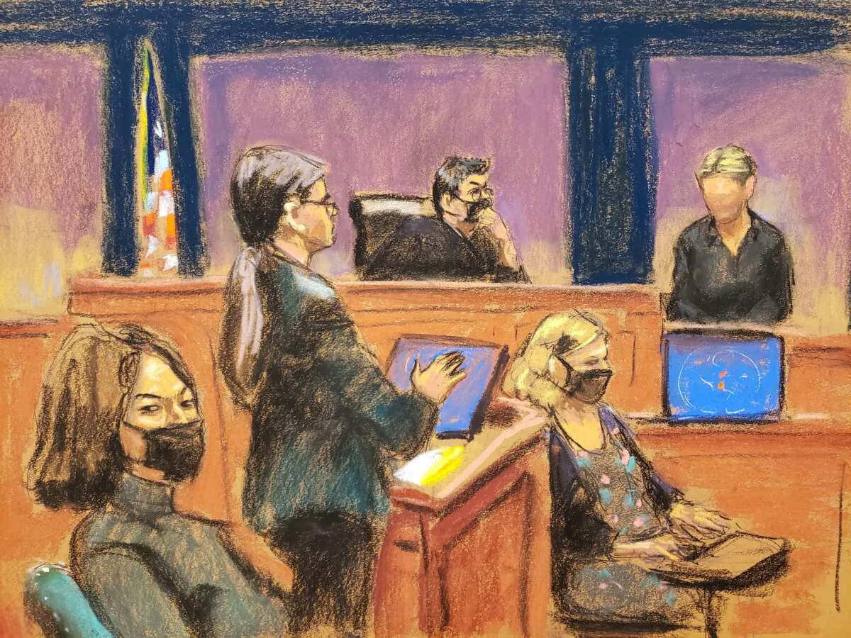 Witness "Kate" is questioned by prosecutor Lara Pomerantz during the trial of Ghislaine Maxwell, the Jeffrey Epstein associate accused of sex trafficking, in a courtroom sketch in New York City, N.Y., on Dec. 6, 2021. (Jane Rosenberg/Reuters)