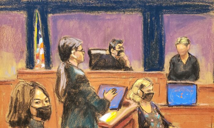 Witness "Kate" is questioned by prosecutor Lara Pomerantz during the trial of Ghislaine Maxwell, the Jeffrey Epstein associate accused of sex trafficking, in a courtroom sketch in New York on Dec. 6, 2021. (Jane Rosenberg/Reuters)