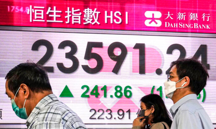 People wearing face masks walk past a bank's electronic board showing the Hong Kong share index in Hong Kong, on Dec. 7, 2021.(Kin Cheung/AP Photo)