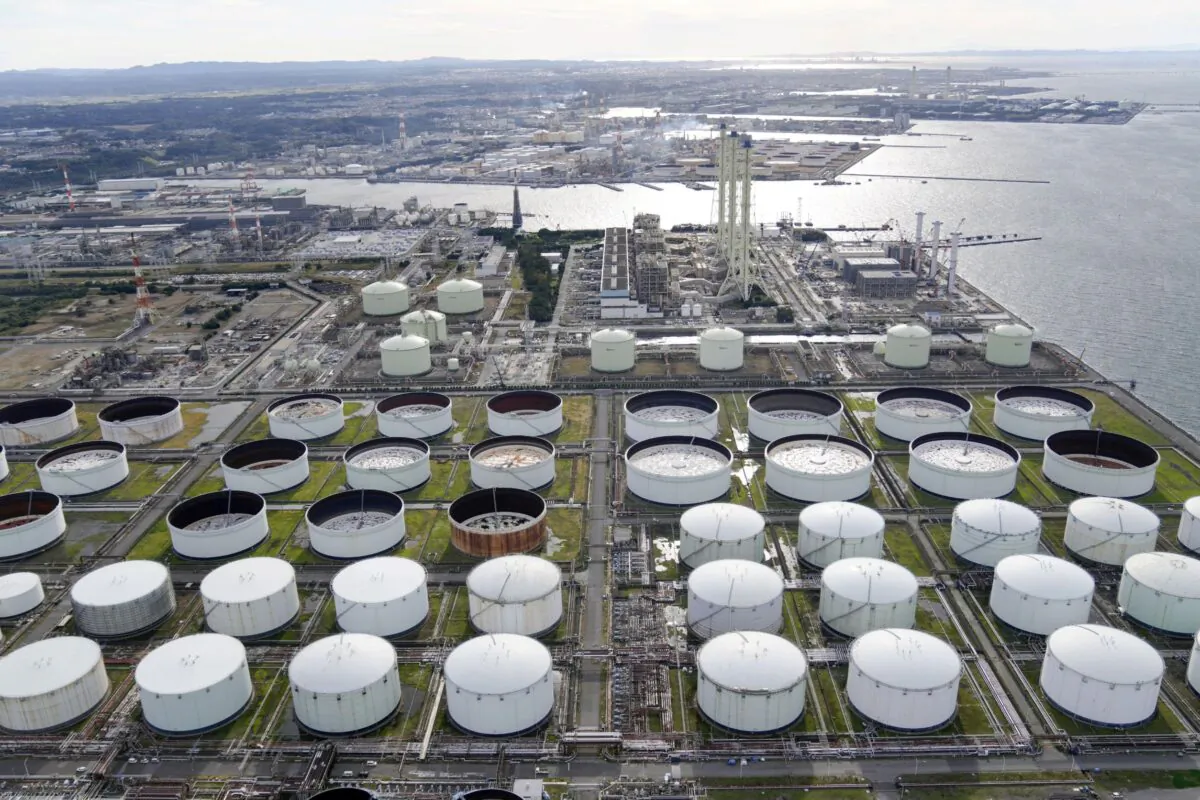 An aerial view shows an oil factory of Idemitsu Kosan Co. in Ichihara, east of Tokyo, Japan, on Nov. 12, 2021. (Kyodo/via Reuters)