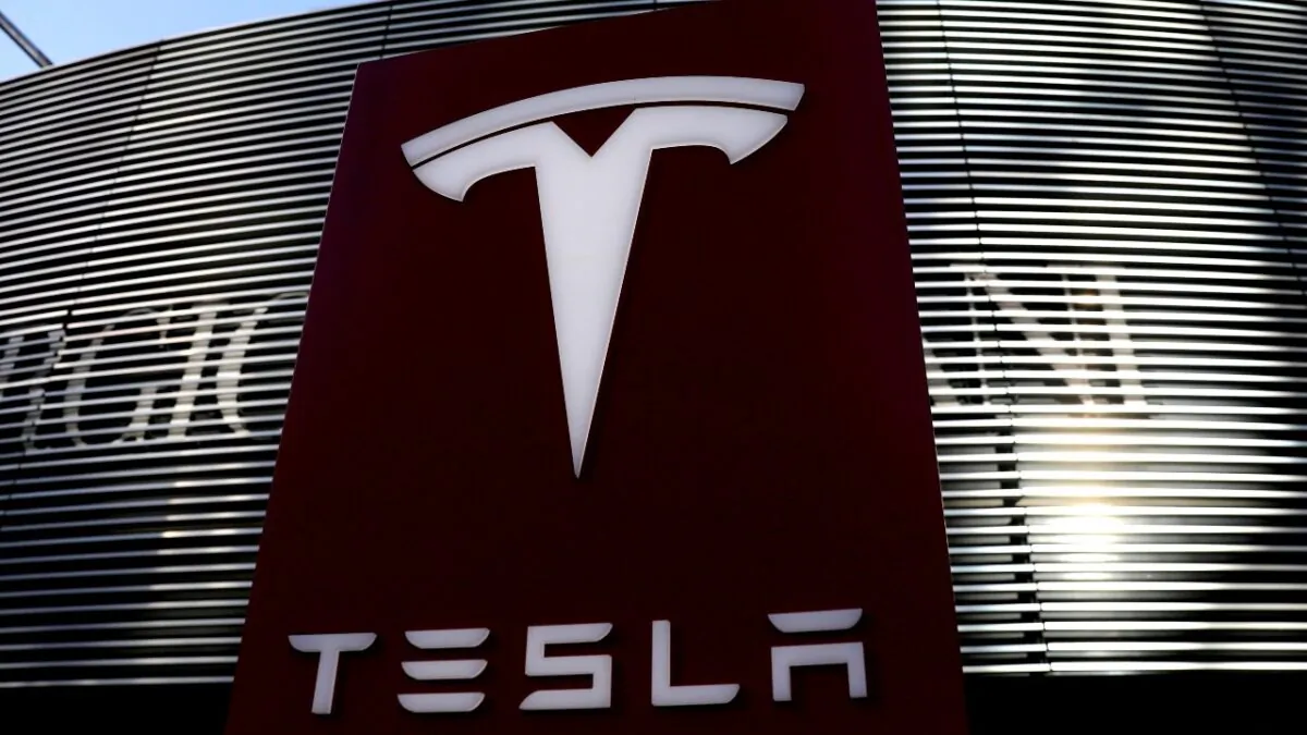 A logo of Tesla near a shopping complex in Beijing, on Jan. 5, 2021. (Tingshu Wang/Reuters)