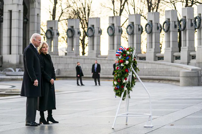 President Joe Biden and First Lady Jill Biden visit the National World War II Memorial to mark the 80th anniversary of the Japanese attack on Pearl Harbor, in Washington on Dec. 7, 2021. (Evan Vucci/AP Photo)
