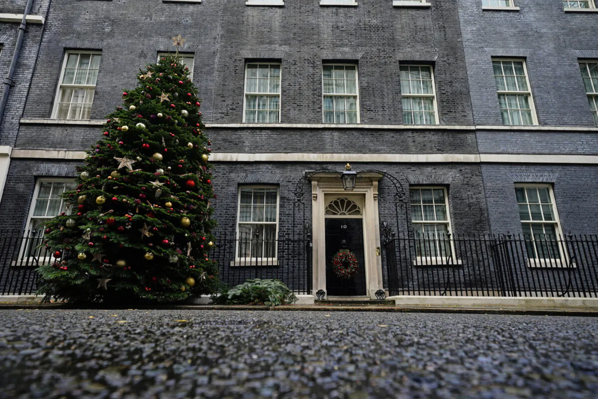A Christmas tree outside 10 Downing Street, London, on Nov. 27, 2021. (Aaron Chown/PA)