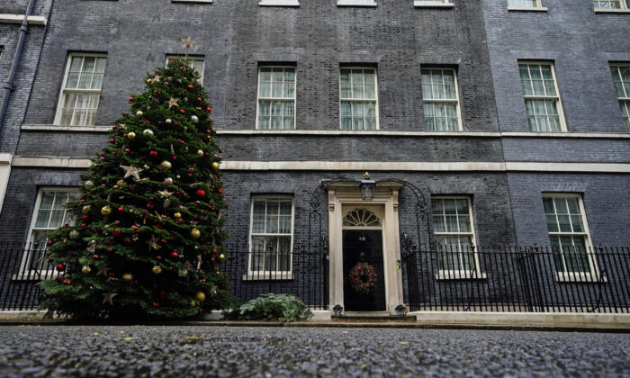 A Christmas tree outside 10 Downing Street, London, on Nov. 27, 2021. (Aaron Chown/PA)