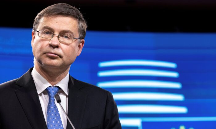 EU Trade Commissioner Valdis Dombrovskis speaks during a press conference at the Europa building in Brussels, on Dec. 7, 2021. (Olivier Matthys/AP Photo)