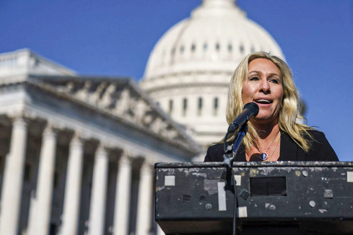 Rep. Marjorie Taylor Greene (R-Ga.) speaks during a press conference outside the U.S. Capitol on Feb. 5 2021. (Drew Angerer/Getty Images)