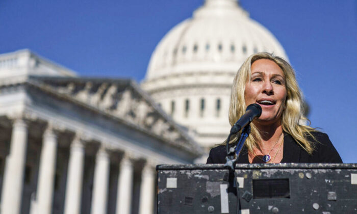Rep. Marjorie Taylor Greene (R-Ga.) speaks during a press conference outside the U.S. Capitol in Washington on Feb. 5 2021. (Drew Angerer/Getty Images)