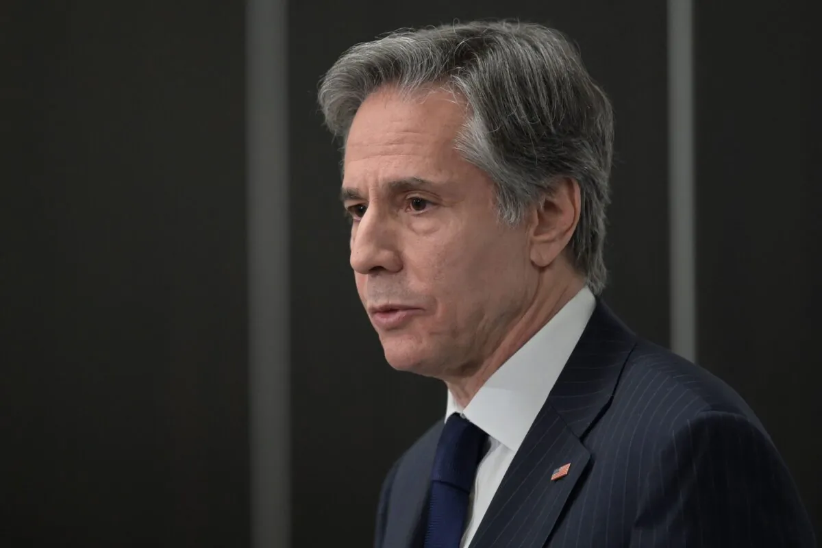 U.S. Secretary of State Antony Blinken addresses a press conference during a ministerial council meeting of the Organization for Security and Cooperation in Europe (OSCE) in Stockholm, Sweden, on Dec. 2, 2021. (Jonathan Nackstrand/POOL/AFP via Getty Images)