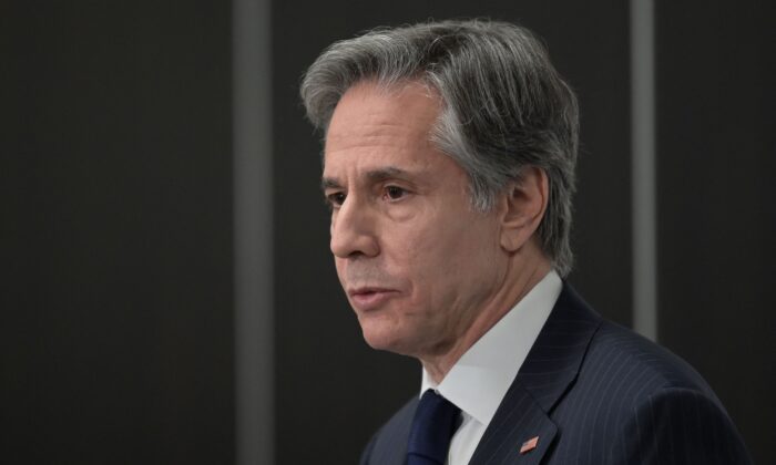 U.S. Secretary of State Antony Blinken addresses a press conference during a ministerial council meeting of the Organization for Security and Cooperation in Europe (OSCE) in Stockholm, Sweden, on Dec. 2, 2021. (Jonathan Nackstrand/POOL/AFP via Getty Images)