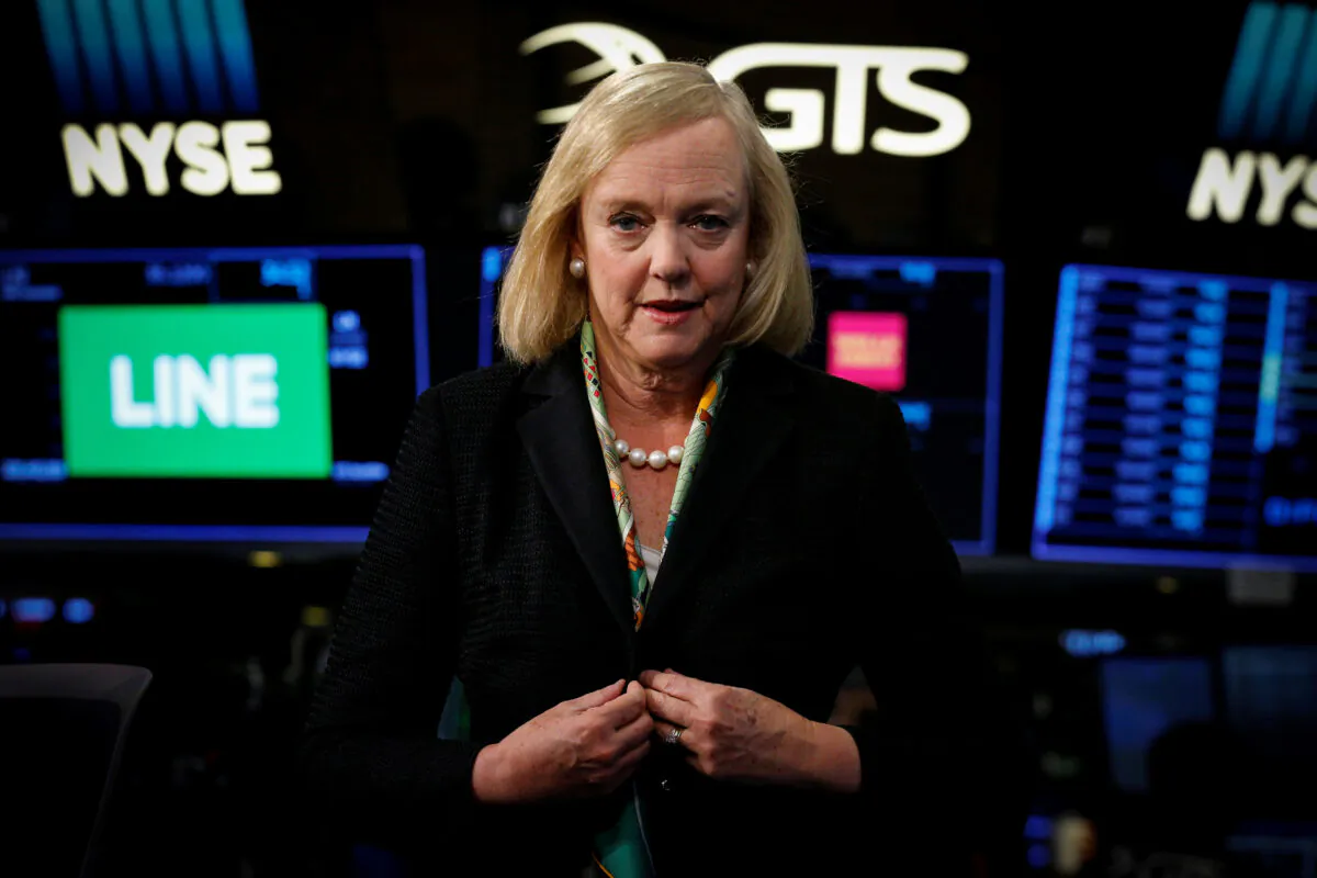 Former Hewlett Packard Enterprise CEO Meg Whitman is seen following an interview on CNBC on the floor of the New York Stock Exchange (NYSE) in New York, U.S. on Sept. 6, 2017. (Brendan McDermid/Reuters File Photo)