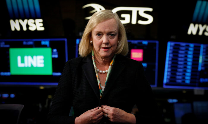 Former Hewlett Packard Enterprise CEO Meg Whitman is seen following an interview on CNBC on the floor of the New York Stock Exchange (NYSE) in New York, U.S. on Sept. 6, 2017. (Brendan McDermid/Reuters File Photo)