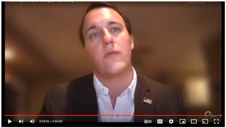 Screenshot from virtual meeting where Jann-Michael Greenburg admits to using the name "Mark Greenburg" when on his computer. (Patricia Tolson/The Epoch Times)