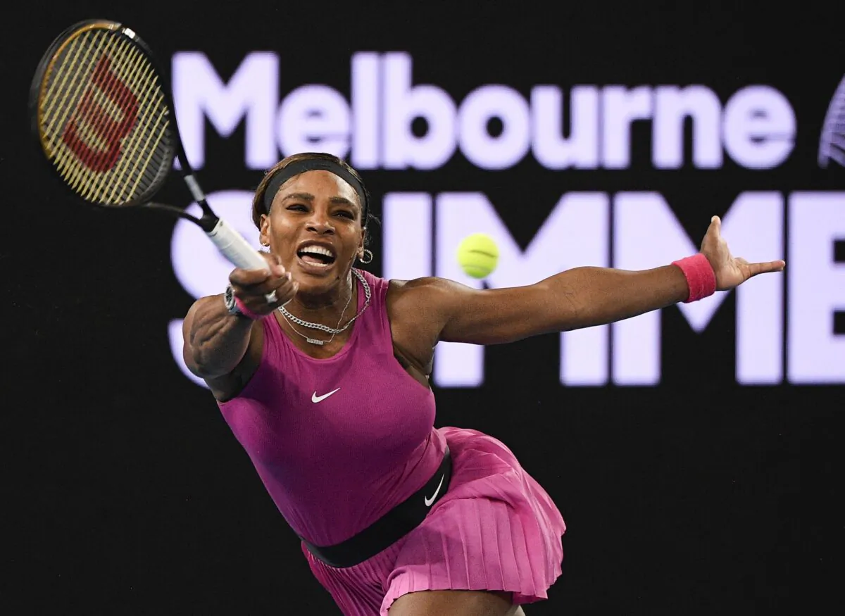 Serena Williams makes a forehand return to compatriot Danielle Collins during a tuneup event ahead of the Australian Open tennis championships in Melbourne, Australia, on Feb. 5, 2021. (Andy Brownbill/AP Photo)