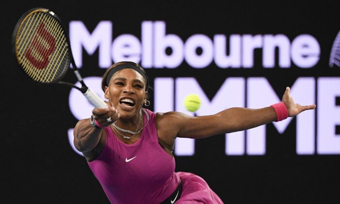 Serena Williams makes a forehand return to compatriot Danielle Collins during a tuneup event ahead of the Australian Open tennis championships in Melbourne, Australia, on Feb. 5, 2021. (Andy Brownbill/AP Photo)