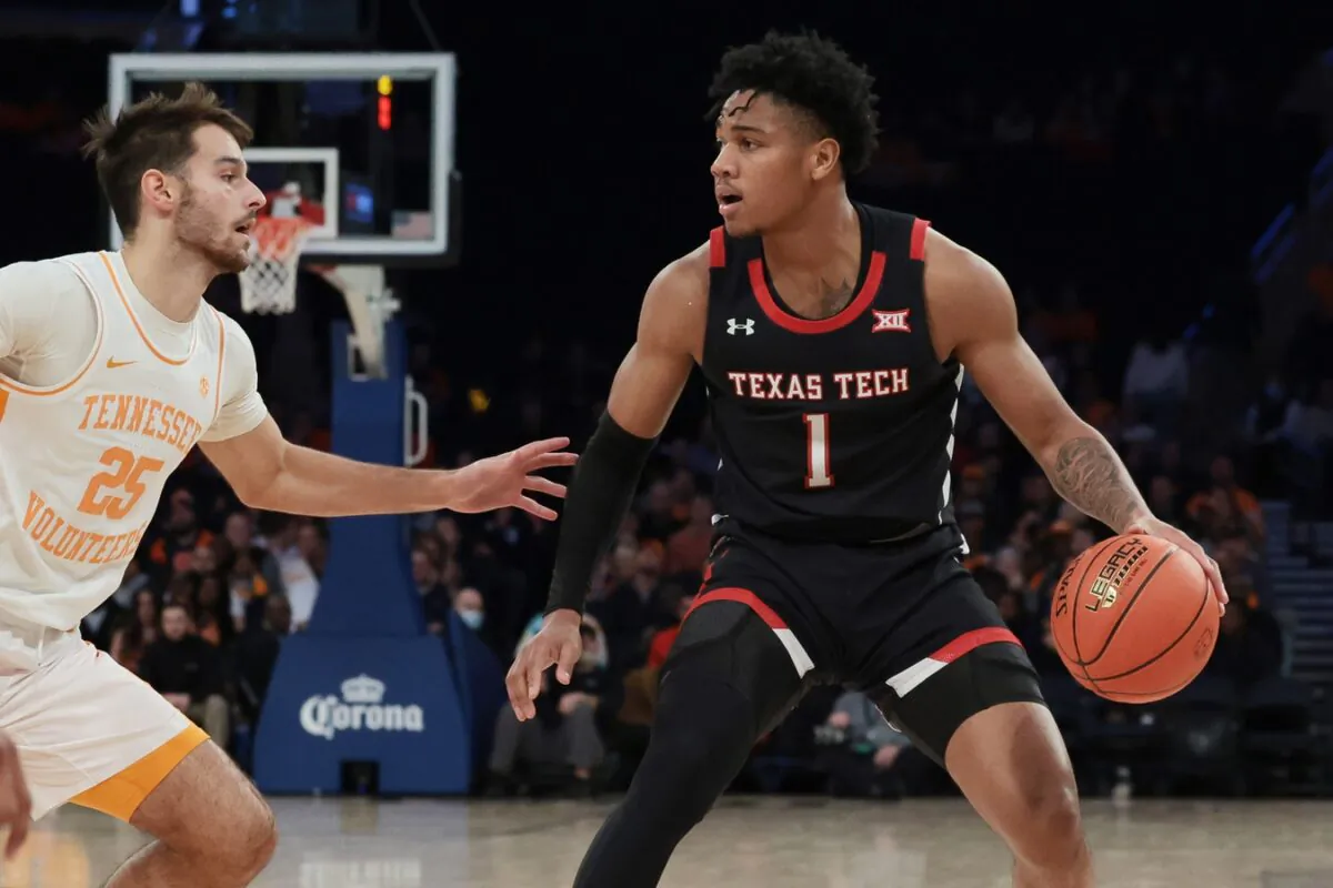 Texas Tech Red Raiders guard Terrence Shannon Jr. (1) dribbles as Tennessee Volunteers guard Santiago Vescovi (25) defends during an NBA game at Madison Square Garden, in New York, New York, on Dec. 7, 2021. (Vincent Carchietta/USA TODAY Sports via Field Level Media)