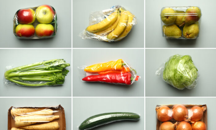 A combination of illustrations shows apples, bananas, pears, celery, peppers, a head of lettuce, parsnips, a cucumber and onions, wrapped in plastic as bought in a supermarket, taken on Nov. 20, 2018. (Lisi Niesner/Illustration/Reuters)