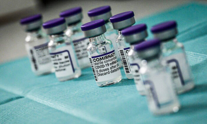 Vials of Pfizer and BioNTech's COVID-19 vaccine are seen in France, on Nov. 27, 2021. (Jeff Pachoud/AFP via Getty Images)