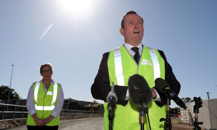 Western Australia Premier Mark McGowan speaks at a press conference with Transport Minister Rita Saffioti on Apr. 30, 2020 in Perth, Australia. (AAP Image/Richard Wainwright)