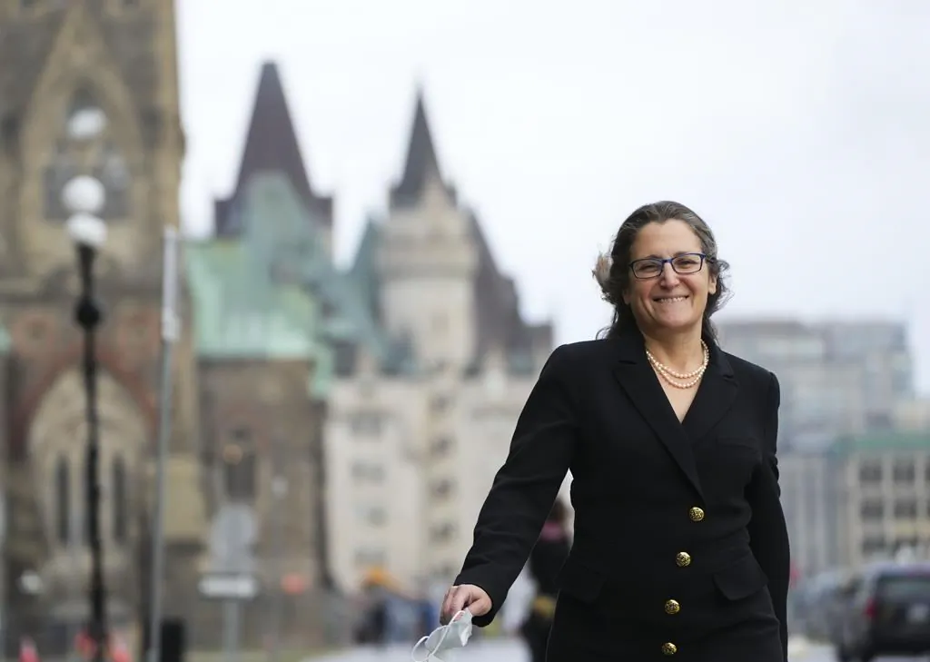 Commons 20211202
Minister of Finance and Deputy Prime Minister Chrystia Freeland makes her way to the West Block on Parliament Hill in Ottawa, Dec. 2, 2021. (The Canadian Press/Sean Kilpatrick)