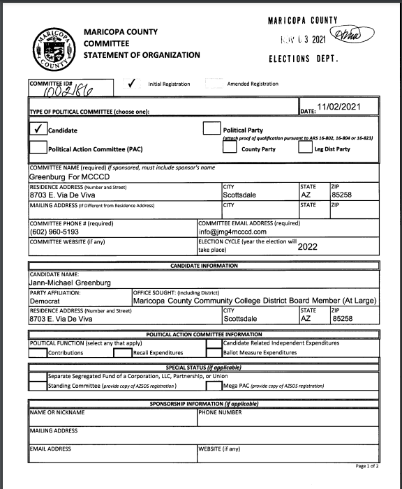 Screenshot of Form filed Nov. 3 by Jann-Michael Greenburg seeking to be a candidate for higher office as At Large member for the Maricopa County Community College District in the 2022 midterms.