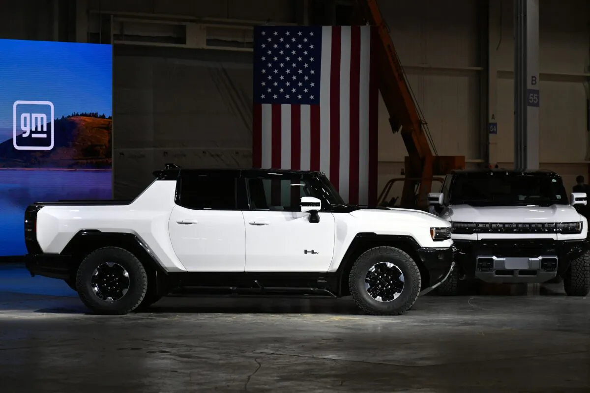 GMC Hummer EVs are seen as the US president tours the General Motors Factory ZERO electric vehicle assembly plant in Detroit, Mich., on Nov. 17, 2021. (Mandel Ngan/AFP via Getty Images)