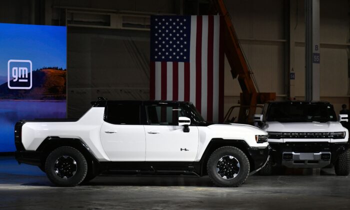GMC Hummer EVs are seen as the US president tours the General Motors Factory ZERO electric vehicle assembly plant in Detroit, Mich., on Nov. 17, 2021. (Mandel Ngan/AFP via Getty Images)