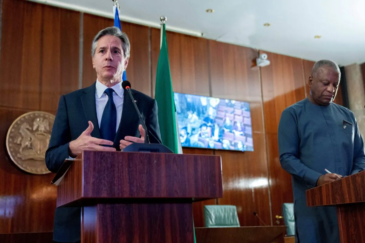 U.S. Secretary of State Antony Blinken (L) speaks during a meeting with Nigerian Foreign Minister Geoffrey Onyeama (R) at the Aso Rock Presidential Villa in Abuja, Nigeria, on Nov. 18, 2021. (Andrew Harnik/AFP via Getty Images)