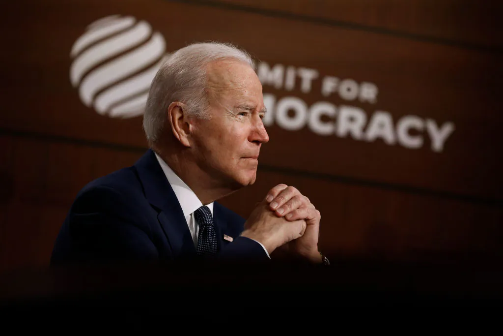 President Joe Biden delivers opening remarks for the virtual Summit for Democracy in the South Court Auditorium in Washington, D.C., on Dec. 9, 2021. (Chip Somodevilla/Getty Images)