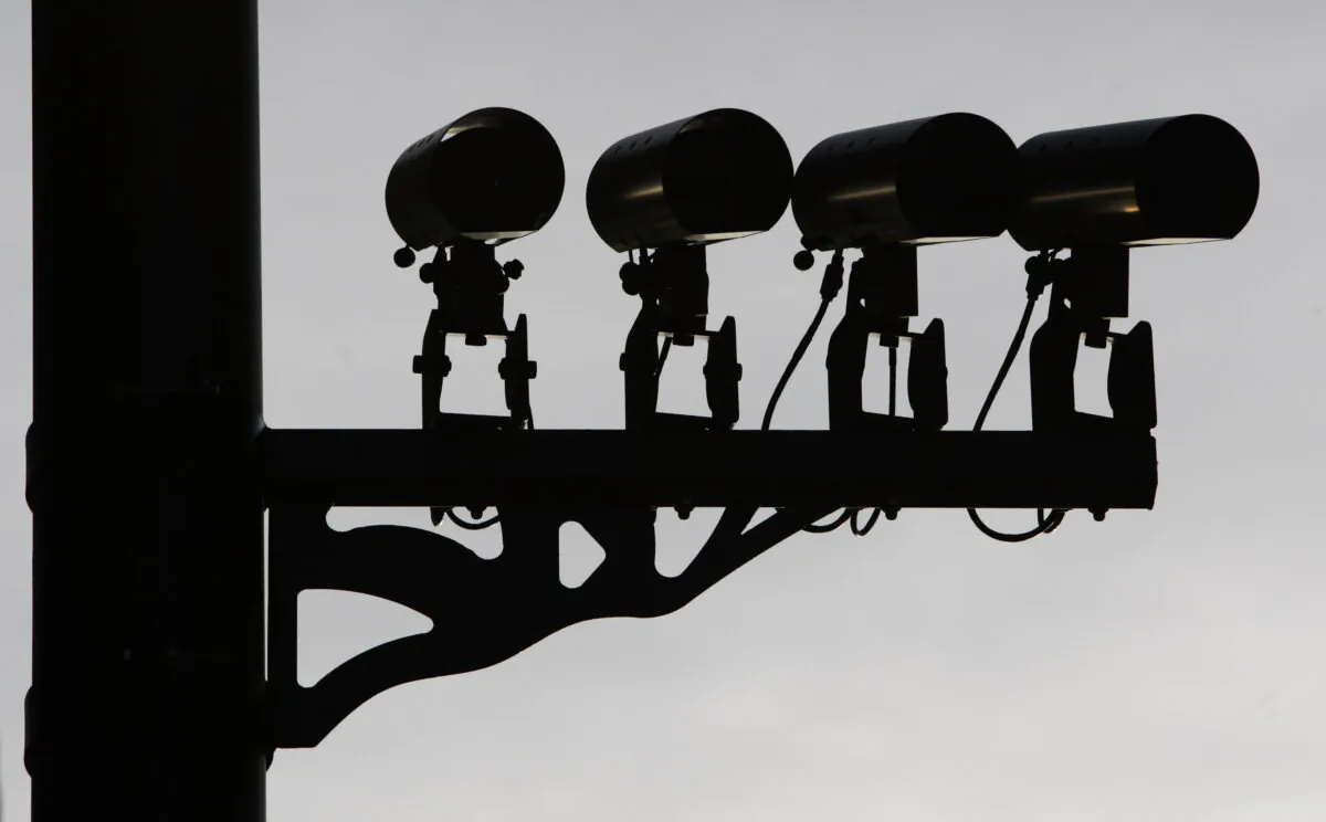 Number-plate recognition cameras at an entrance to the Congestion Charge zone in London on March 16, 2009. (Oli Scarff/Getty Images)