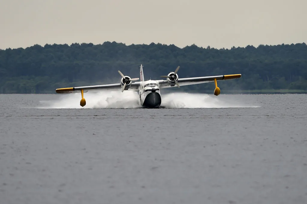 A Grumman Albatross plane lands on the water during the International seaplane show in Biscarrosse, southwestern France, on June 9, 2018.         (NICOLAS TUCAT/AFP via Getty Images)
