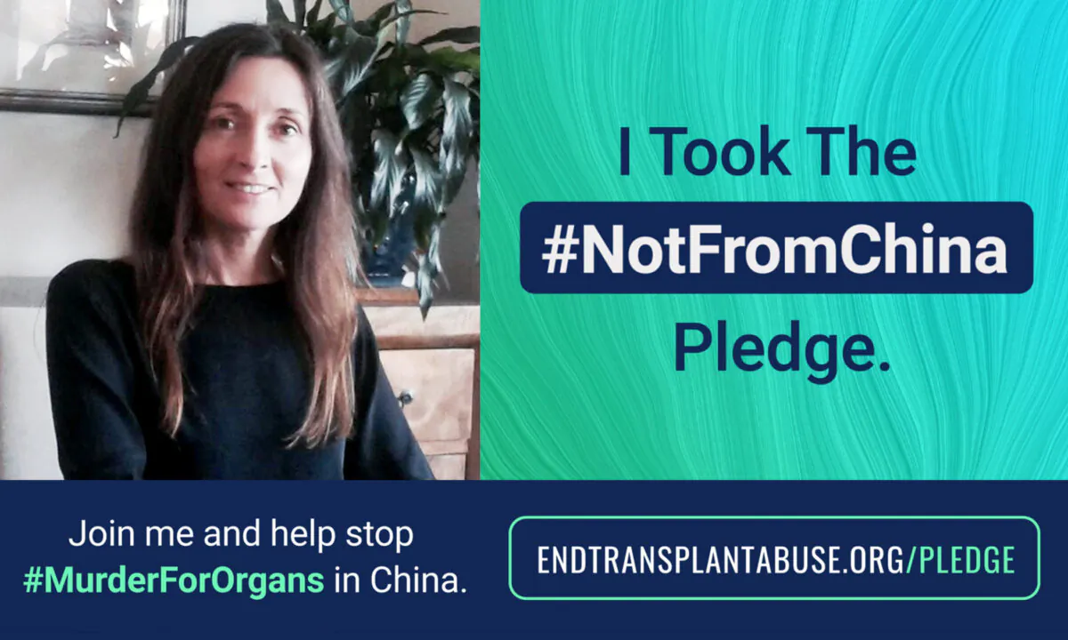 Susie Hughes, executive director of the International Coalition to End Transplant Abuse in China (ETAC), launches the "#NotFromChina Pledge"—a solemn vow to never receive an organ transplant from China. (Courtesy of ETAC)