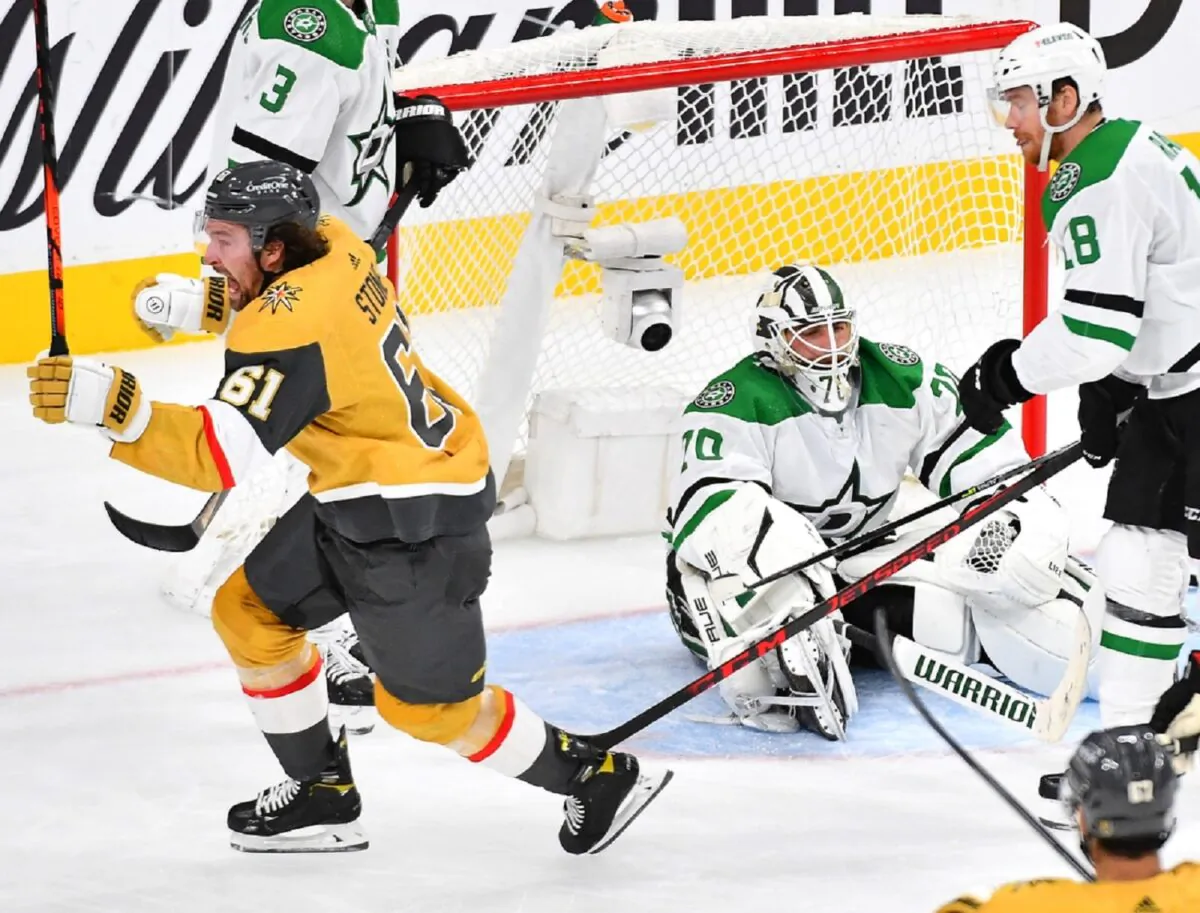 Vegas Golden Knights right wing Mark Stone (61) celebrates after scoring a third period goal against Dallas Stars goaltender Braden Holtby (70) at T-Mobile Arena, in Las Vegas on Dec. 8, 2021. (Stephen R. Sylvanie/USA TODAY Sports via Field Level Media)