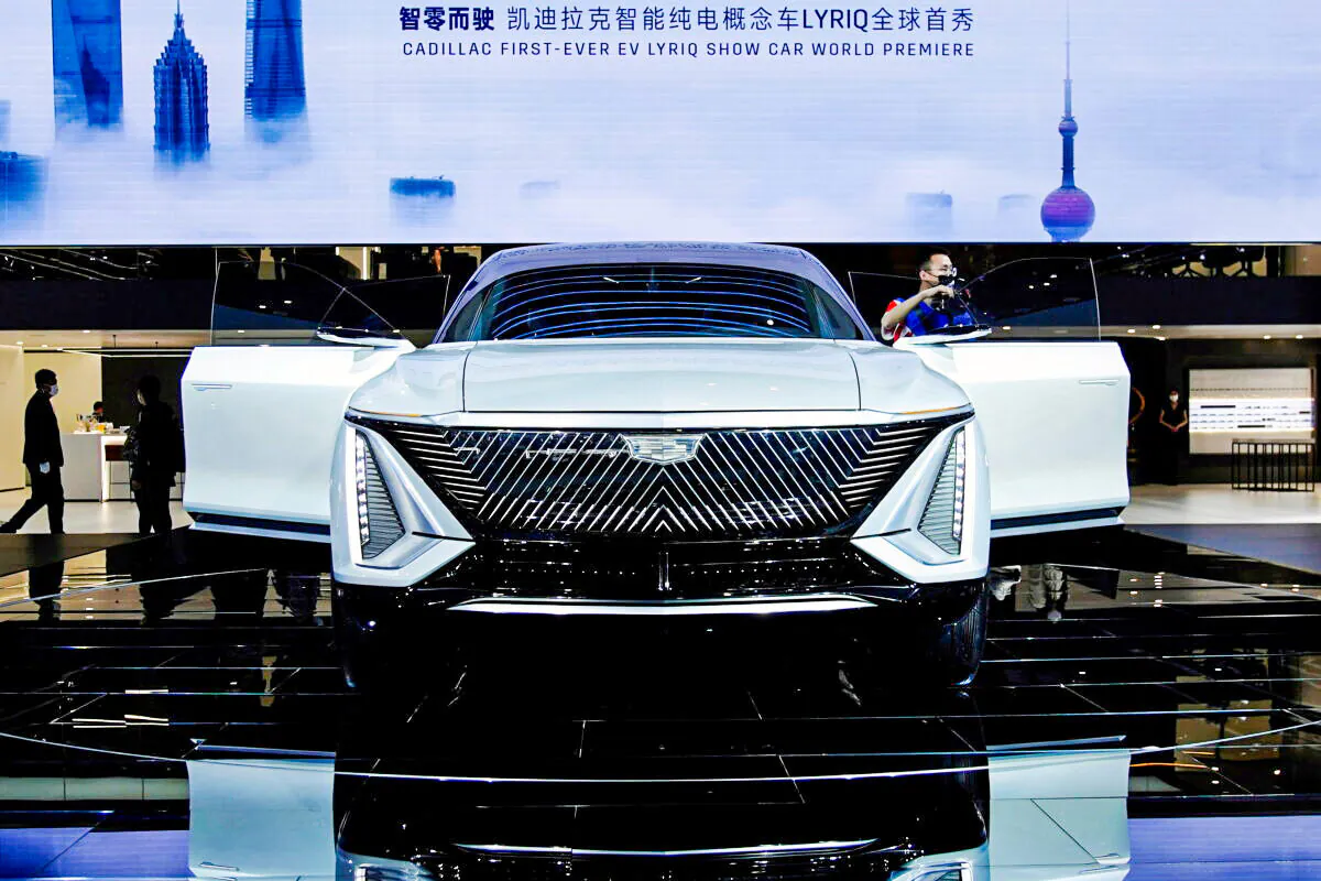 A Cadillac Lyriq electric vehicle (EV) under General Motors is seen during its world premiere on a media day for the Auto Shanghai show in Shanghai, China on April 19, 2021. (Aly Song/Reuters)