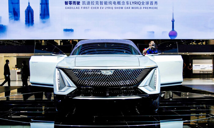 A Cadillac Lyriq electric vehicle (EV) under General Motors is seen during its world premiere on a media day for the Auto Shanghai show in Shanghai, China on April 19, 2021. (Aly Song/Reuters)