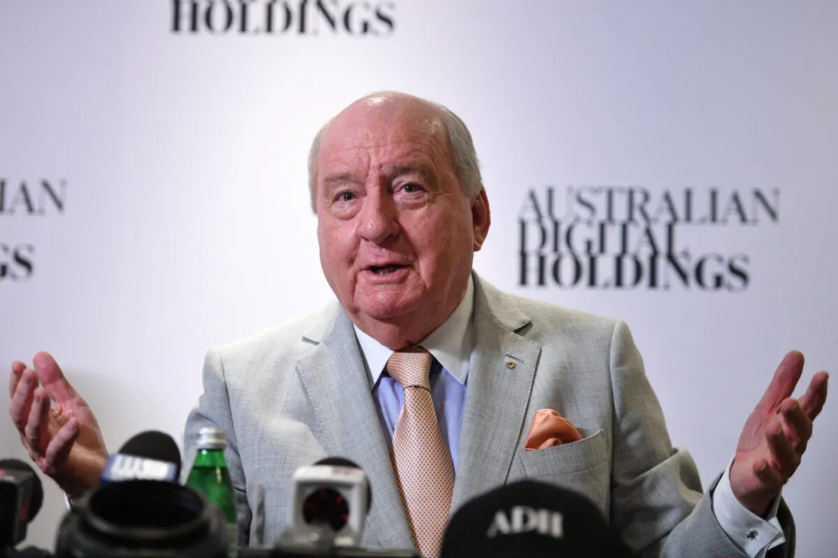 Former radio and television broadcaster Alan Jones speaks to media during a press conference, in Sydney, Australia, on Dec. 10, 2021. (AAP Image/Dan Himbrechts)