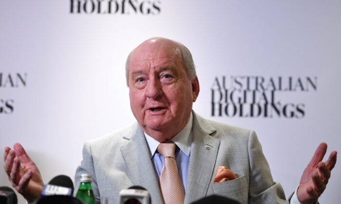 Former radio and television broadcaster Alan Jones speaks to media during a press conference, in Sydney, Australia, on Dec. 10, 2021. (AAP Image/Dan Himbrechts)