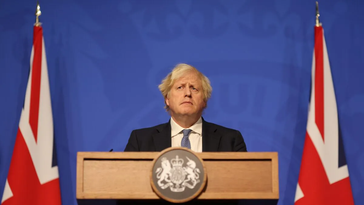 British prime Minister Boris Johnson gives a press conference at 10 Downing Street on Dec. 8, 2021. (Adrian Dennis -WPA Pool/Getty Images)