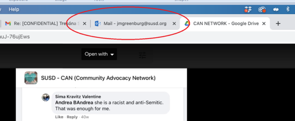 Screenshot of desktop image showing the open tab of Jann-Michael Greenburg's official SUSD email account.