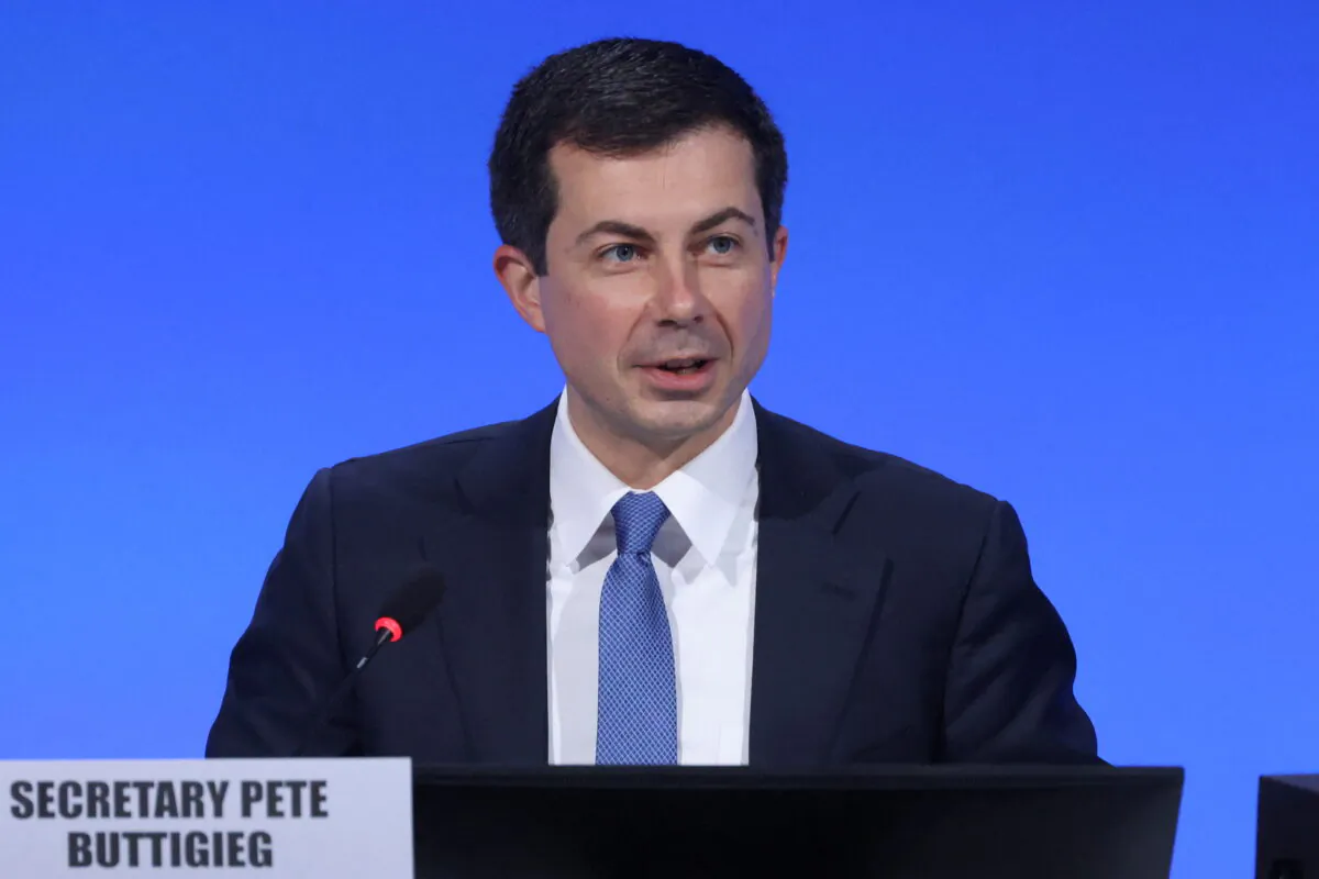 Secretary of Transportation Pete Buttigieg speaks during the UN Climate Change Conference (COP26), in Glasgow, Scotland, Britain, on Nov. 10, 2021. (Yves Herman/Reuters)