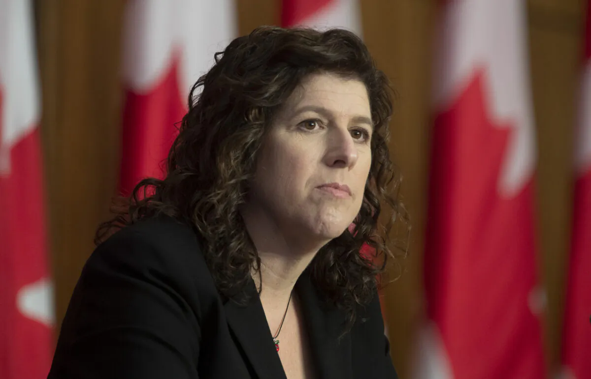 Auditor General Karen Hogan listens to a question during a news conference in Ottawa on May 26, 2021. (The Canadian Press/Adrian Wyld)