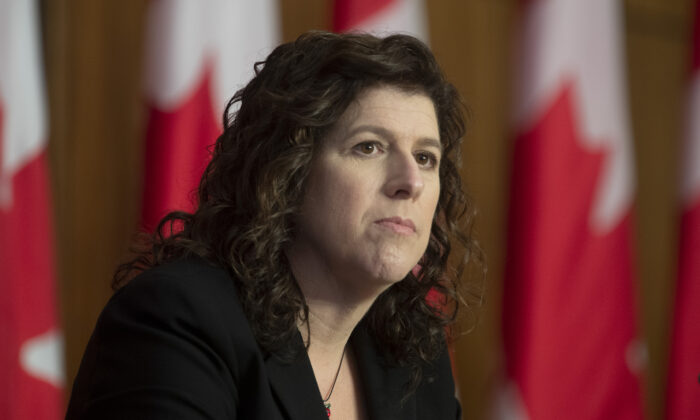 Auditor General Karen Hogan listens to a question during a news conference in Ottawa on May 26, 2021. (The Canadian Press/Adrian Wyld)