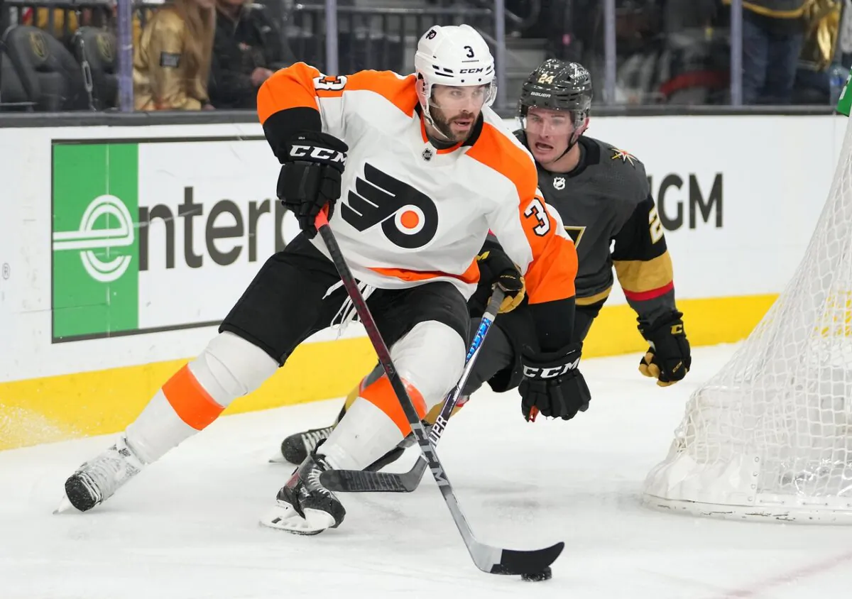 Philadelphia Flyers defenseman Keith Yandle (3) carries the puck ahead of Vegas Golden Knights center Adam Brooks (24) during the second period at T-Mobile Arena in Las Vegas, Nev., on Dec 10, 2021. (Stephen R. Sylvanie-USA TODAY Sports via Field Level Media)