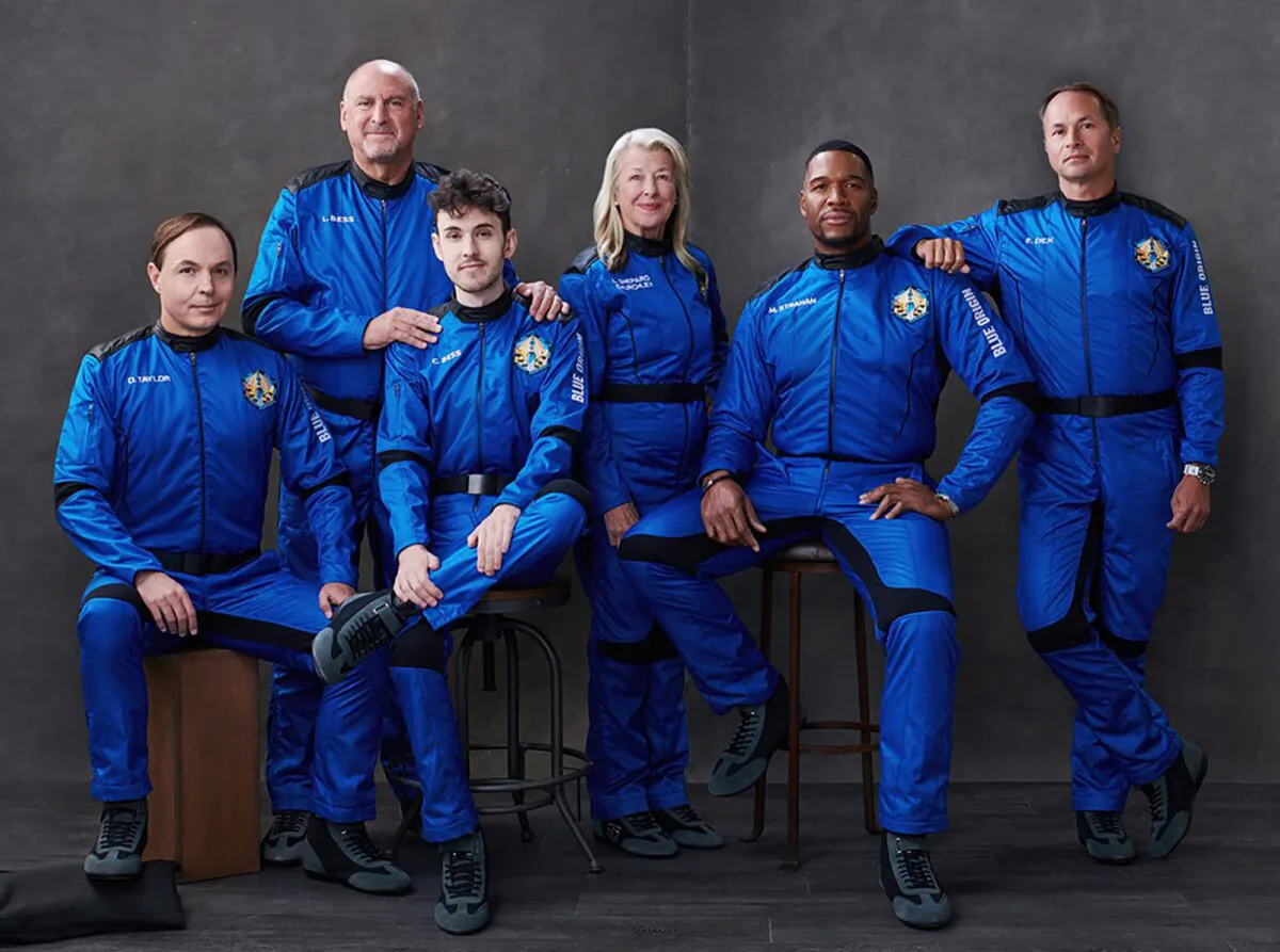 (L-R) Dylan Taylor, Lane Bess, Cameron Bess, Laura Shepard Churchley, Michael Strahan, and Evan Dick in an undated photo. (Courtesy of Blue Origin via AP)