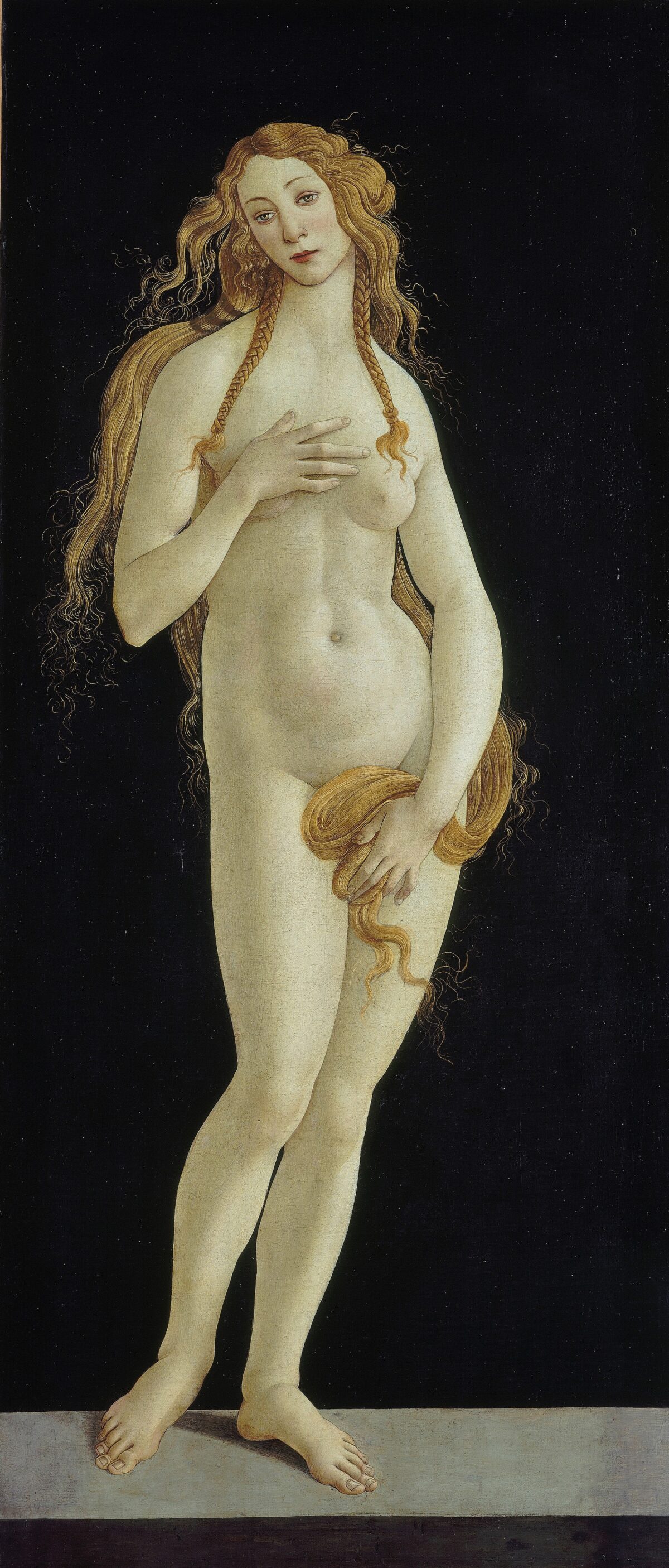 Detail of “Venus Pudica (‘Modest Venus’),” circa 1485–1490, by Botticelli. Oil on canvas; 62 1/4 inches by 27 inches. Art Gallery, State Museums of Berlin, Berlin. (BPK, Berlin, Dist. RMN-Grand Palais/Jörg P. Anders)